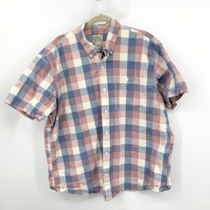 LL Bean Men Size XL Shirt Button Down Top Short Sleeve Red Blue Checkered Plaid